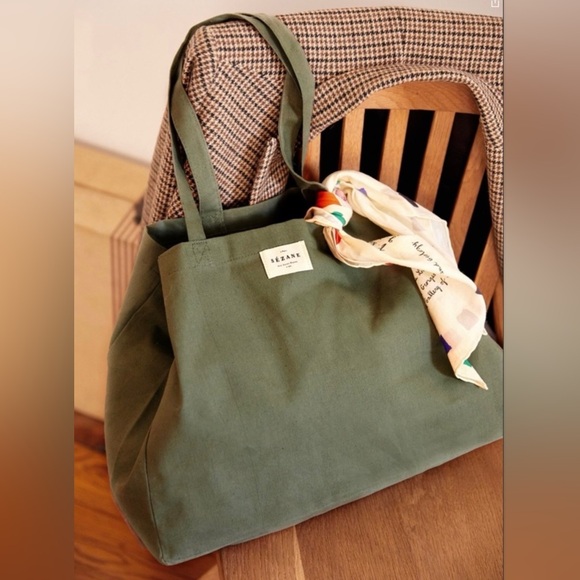 New SEZANE Demain Sage Green Tote Bag - Picture 1 of 8